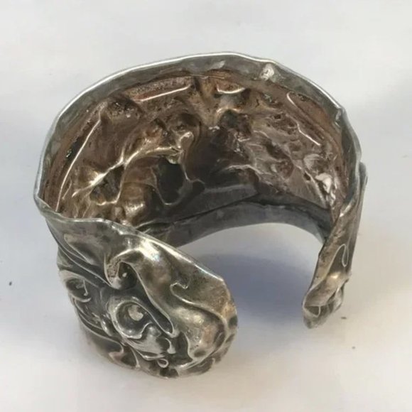 Antique Art Nouveau Sterling Cuff Bracelet Floral 925 Victorian Wide Bouquet - Picture 3 of 7